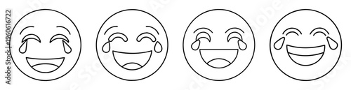 Four stylized laughing with tears emojis in black and white line art