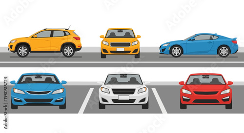 Diverse Cars Parked in Rows: Yellow SUV, Blue Sedan, White Car, Red Car