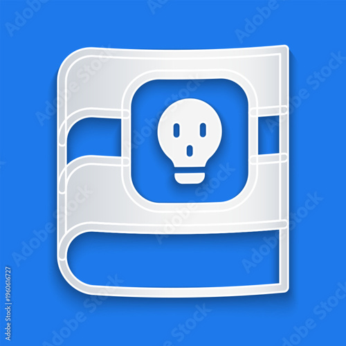 Paper cut Book about poisons with skull icon isolated on blue background. Danger sign, symbol of death. Paper art style. Vector