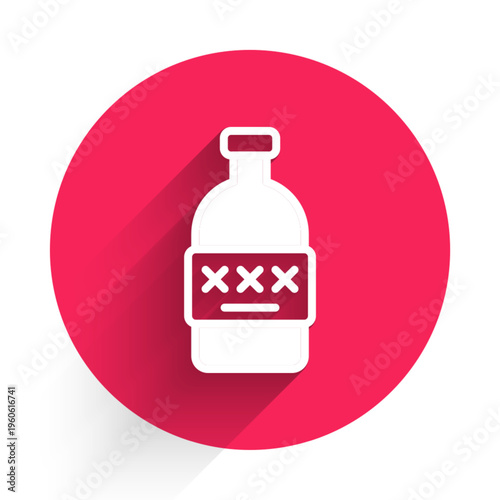 White Poisoned alcohol icon isolated with long shadow background. Red circle button. Vector