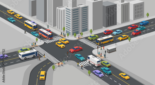 Busy City Intersection with Traffic Jam, Cars, Buses, and Pedestrians