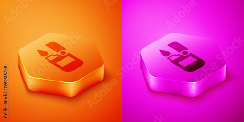 Isometric Lighter icon isolated on orange and pink background. Hexagon button. Vector