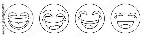 Four different variations of the laughing emoji icons in black and white