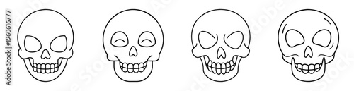 Variety of Skeleton Skull Face Illustrations in Black and White Line Art