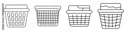 Four laundry baskets, varying in design and fullness, black outline only