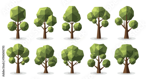 Set of 10 Low Poly Geometric Green Tree Vector Illustrations