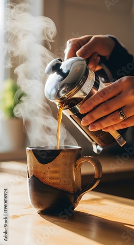 Fresh Brewed Coffee French Press Pouring Into Mug, steaming hot morning beverage with professional barista technique in cozy kitchen setting.