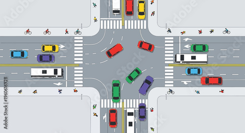 Busy City Intersection with Traffic and Pedestrians