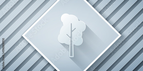 Paper cut Tree icon isolated on grey background. Forest symbol. Paper art style. Vector