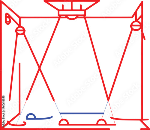 Red and blue abstract geometric shape with intersecting lines and a horizontal bar