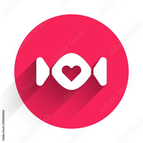 White Candy icon isolated with long shadow background. Happy Valentines day. Red circle button. Vector