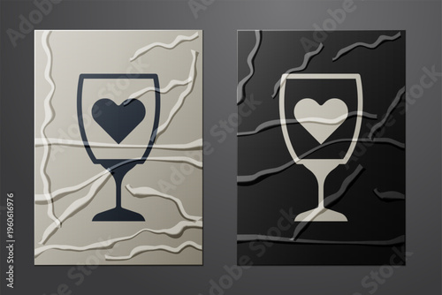 White Glass of champagne icon isolated on crumpled paper background. Happy Valentines day. Paper art style. Vector