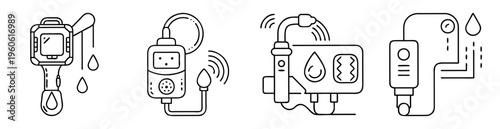 Conceptual line art representing a variety of advanced water purification and monitoring systems