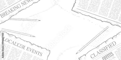 Torn newspaper pages with headlines breaking news classified and local events with pencils