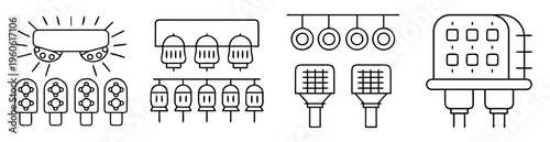 Collection of industrial lighting fixtures and lamps in simple black line art