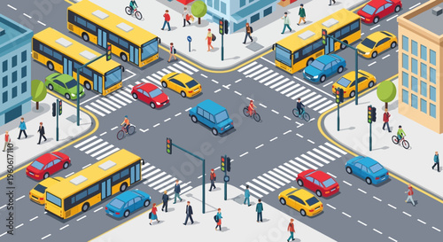 Busy City Intersection with Cars, Buses, and Pedestrians