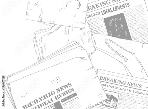 Stacked grey line newspapers with headlines and text breaking local events