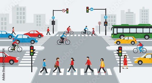 Busy City Intersection with Traffic Lights, Pedestrians, Cyclists, and Cars