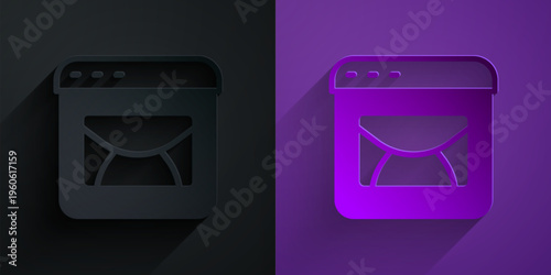Paper cut Mail and e-mail icon isolated on black on purple background. Envelope symbol e-mail. Email message sign. Paper art style. Vector