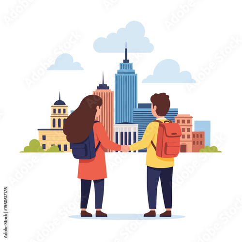 Two people holding hands with backpacks in front of a cityscape
