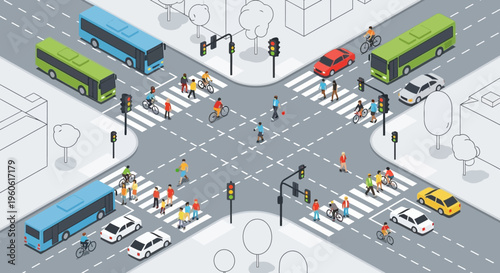Busy city intersection with diverse pedestrians, cyclists, cars, and buses at traffic lights.