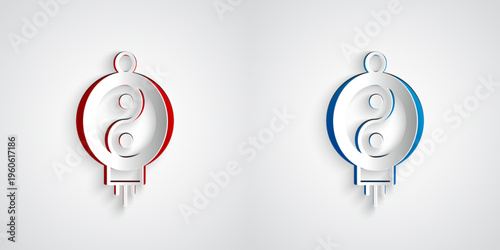 Paper cut Chinese paper lantern icon isolated on grey background. Paper art style. Vector