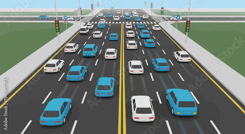 Busy highway traffic jam with cars stuck in congestion on a sunny day