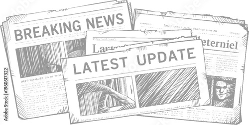 Stack of hand drawn newspapers with headlines breaking news and latest update