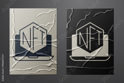 White Laptop with art store app icon isolated on crumpled paper background. Technology of selling NFT tokens for cryptocurrency. Non fungible token concept. Paper art style. Vector