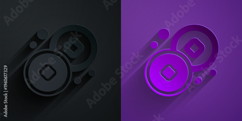Paper cut Chinese Yuan currency symbol icon isolated on black on purple background. Coin money. Banking currency sign. Cash symbol. Paper art style. Vector