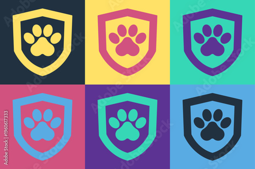 Pop art Animal health insurance icon isolated on color background. Pet protection concept. Dog or cat paw print. Vector