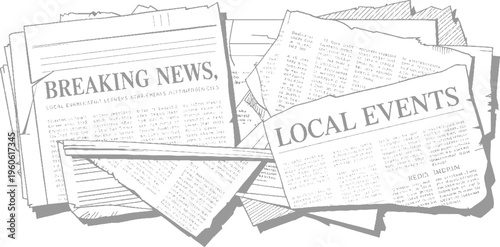 Stack of newspapers with headlines breaking news and local events in grayscale
