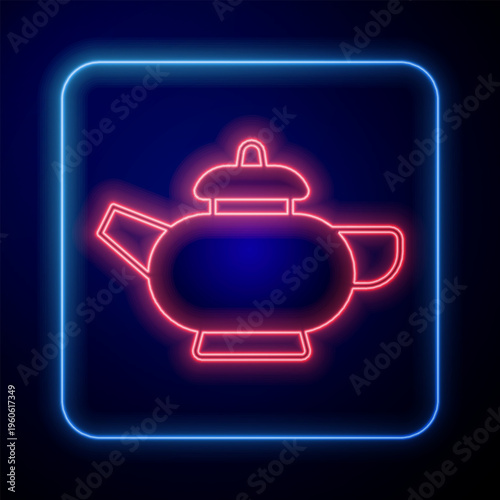 Glowing neon Traditional Chinese tea ceremony icon isolated on black background. Teapot with cup. Vector