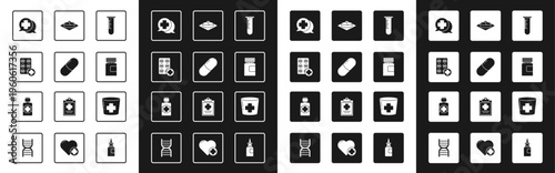 Set Test tube and flask, Medicine pill or tablet, Pills blister pack, Dialogue with the doctor, bottle, Nurse hat cross and Bottle of medicine syrup icon. Vector