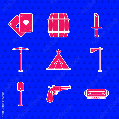 Set Indian teepee or wigwam, Revolver gun, Harmonica, Tomahawk axe, Shovel, Pickaxe, Military knife and Playing cards icon. Vector