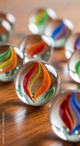Colorful glass marbles on wooden table.