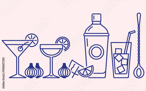 Blue line cocktail shaker martini glass and bar tools