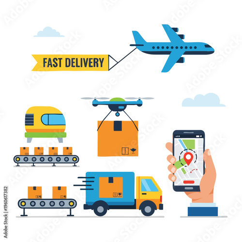 Diverse transportation methods depicted for swift and tracked package delivery