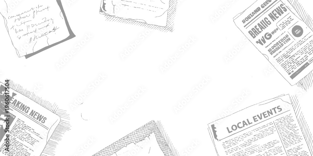 Obraz premium Scattered newspapers and handwritten notes on a white background in a style breaking local events