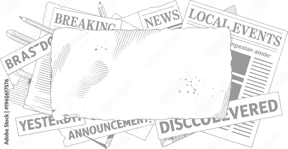 Fototapeta premium Torn paper with news headlines and pencils on grey background newspaper breaking