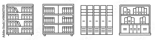Collection of line art illustrations depicting bookcases and filing cabinets