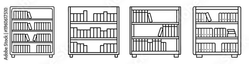 Four outlines of bookshelves with books on the shelves in a row