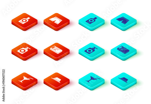 Set Martini glass, Man hat with ribbon, Sunscreen spray bottle, Travel ticket, Swimming trunks and icon. Vector