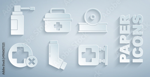 Set Inhaler, Otolaryngological head reflector, Cross hospital medical, Hospital signboard, First aid kit and Medical bottle with nozzle spray icon. Vector