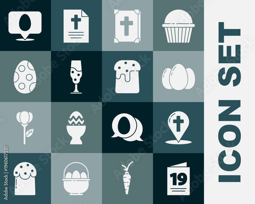 Set Greeting card with Happy Easter, Map pointer christian cross, eggs, Holy bible book, Wine glass, Speech bubble easter and cake icon. Vector