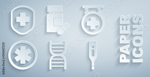 Set DNA symbol, Hospital signboard, Medical of the Emergency, digital thermometer, Medicine bottle and pills and shield with cross icon. Vector