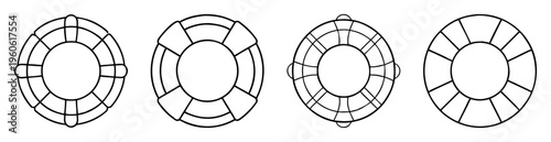 Four different life preserver designs, black and white outline drawings