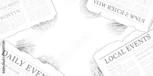 Torn grey newspaper pages with headlines daily events and local events and scattered text white