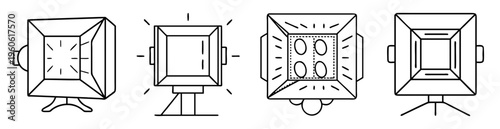 Line art illustrations of vintage film and television studio lighting equipment