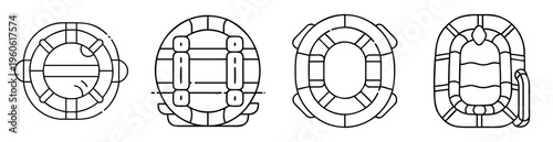 Outlined illustrations of inflatable water toys and rafts for water activities